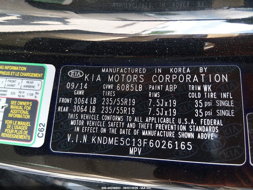 2015 Kia SEDONA VIN KNDME5C13F6026165 IAAI salvage auction — SIDE, Salvage Title, sold $2,000 on 2026-07-15 (photo 9)