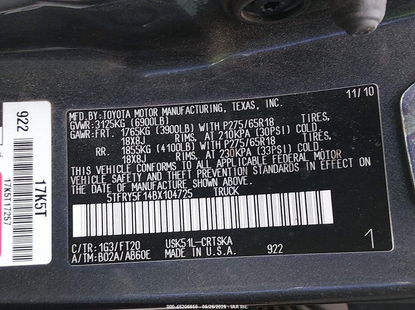 2011 Toyota Tundra VIN 5TFRY5F14BX104725 IAAI salvage auction — RIGHT SIDE, Salvage (California), sold $7,050 on 2026-07-13 (photo 9)