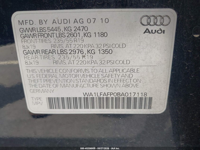2011 Audi Q5 VIN WA1LFAFP0BA017118 IAAI salvage auction — FRONT END, Salvage (California), sold $1,300 on 2026-07-17 (photo 9)