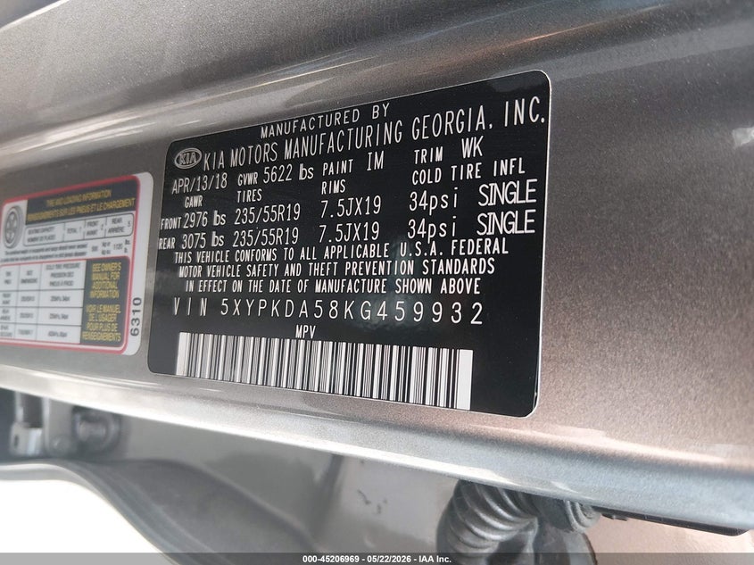 2019 Kia Sorento VIN 5XYPKDA58KG459932 IAAI salvage auction — UNKNOWN, Clear (Colorado), sold $6,600 on 2026-07-21 (photo 9)