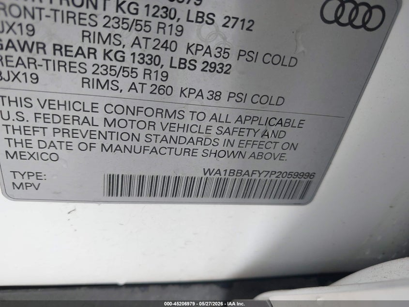 2023 Audi Q5 VIN WA1BBAFY7P2059996 IAAI salvage auction — LEFT REAR, Original (Texas), sold $16,600 on 2026-08-02 (photo 9)