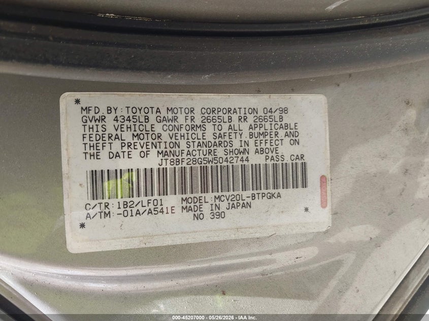 1998 Lexus Es 300 VIN JT8BF28G5W5042744 IAAI salvage auction — SIDE, Salvage (Texas), sold $100 on 2026-07-09 (photo 9)