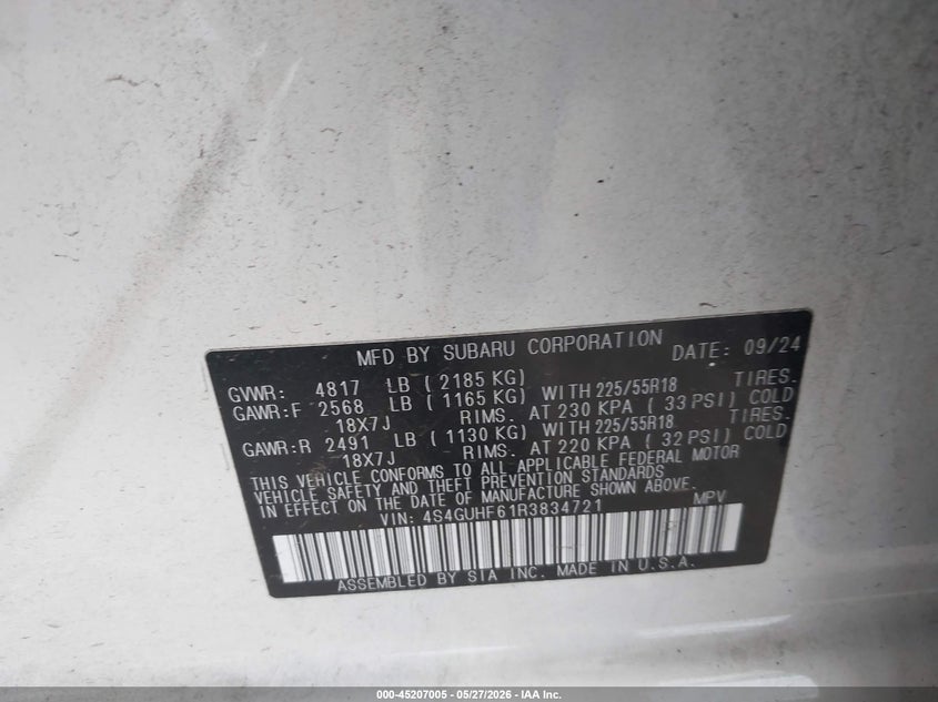 2024 Subaru Xv VIN 4S4GUHF61R3834721 IAAI salvage auction — FRONT & REAR, Salvage Title, sold $25 on 2026-07-09 (photo 9)