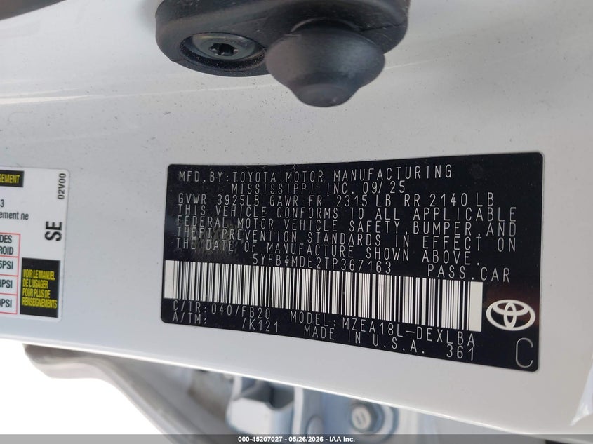 2026 Toyota Corolla VIN 5YFB4MDE2TP367163 IAAI salvage auction — FRONT END, Certificate Of Destruction (Florida), sold $3,850 on 2026-07-29 (photo 9)