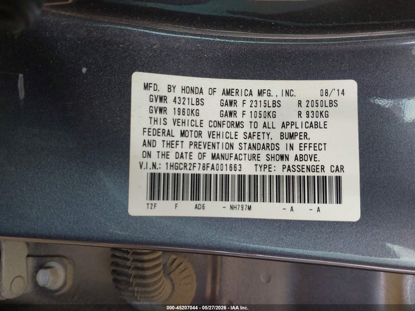 2015 Honda Accord VIN 1HGCR2F78FA001663 IAAI salvage auction — FRONT END, Original (Texas), sold $1,650 on 2026-07-09 (photo 9)