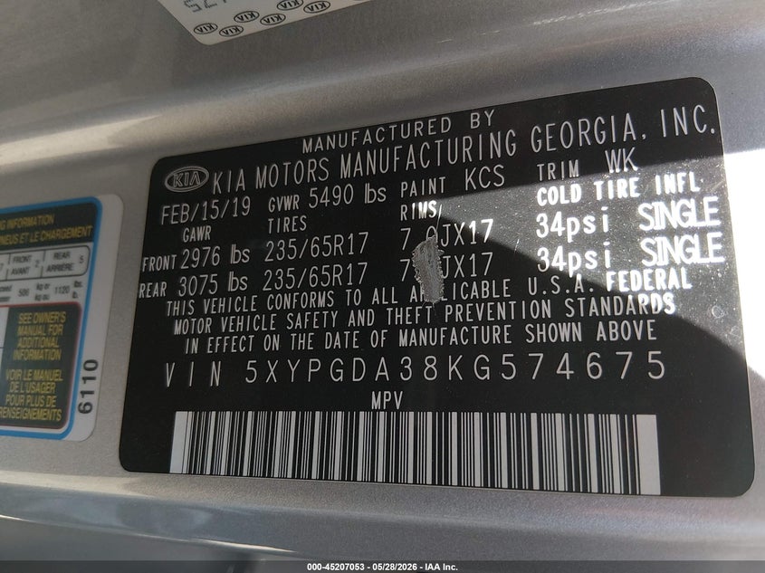 2019 Kia Sorento VIN 5XYPGDA38KG574675 IAAI salvage auction — ROLLOVER, Salvage Title, sold $400 on 2026-07-14 (photo 9)