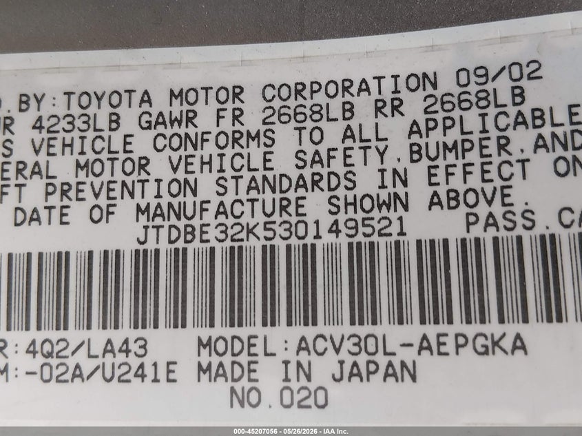 2003 Toyota Camry VIN JTDBE32K530149521 IAAI salvage auction — FRONT & REAR, Salvage (Oregon), sold $300 on 2026-07-06 (photo 9)
