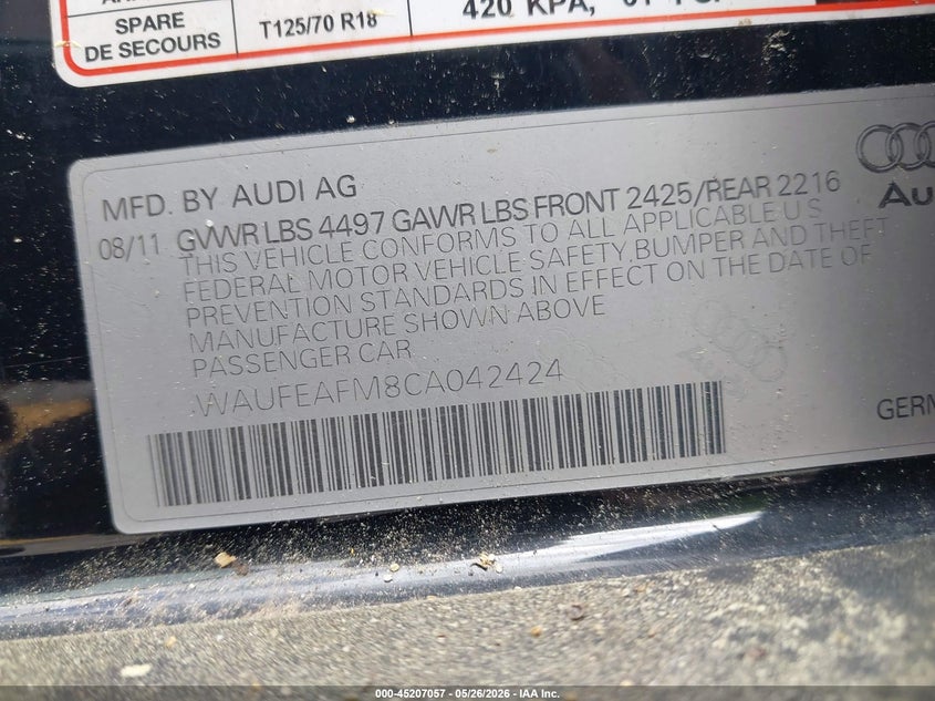 2012 Audi A3 VIN WAUFEAFM8CA042424 IAAI salvage auction — REAR END, Salvage (Georgia), sold $350 on 2026-07-08 (photo 9)