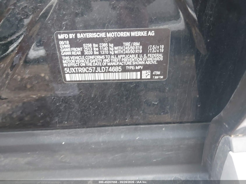 2018 BMW X3 VIN 5UXTR9C57JLD74685 IAAI salvage auction — FRONT END, Salvage Title, sold $10,400 on 2026-07-14 (photo 9)