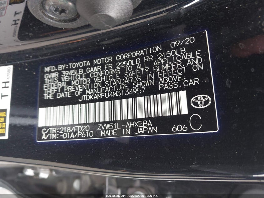 2021 Toyota Prius VIN JTDKAMFU4M3134957 IAAI salvage auction — LEFT REAR, Salvage Certificate (California), sold $2,100 on 2026-07-24 (photo 9)