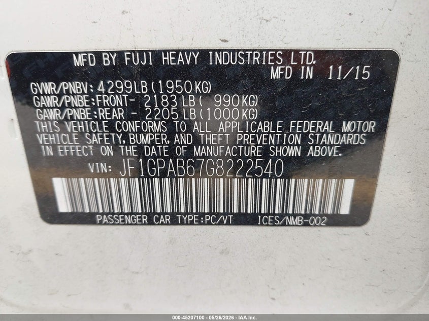 2016 Subaru Impreza VIN JF1GPAB67G8222540 IAAI salvage auction — NORMAL WEAR, Salvage (California), sold $675 on 2026-07-14 (photo 9)