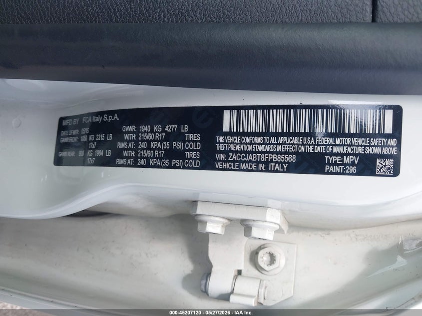 2015 Jeep Renegade VIN ZACCJABT8FPB85568 IAAI salvage auction — FRONT END, Junk Bill Of Sale Mv2459 (Wisconsin), sold $550 on 2026-07-28 (photo 9)