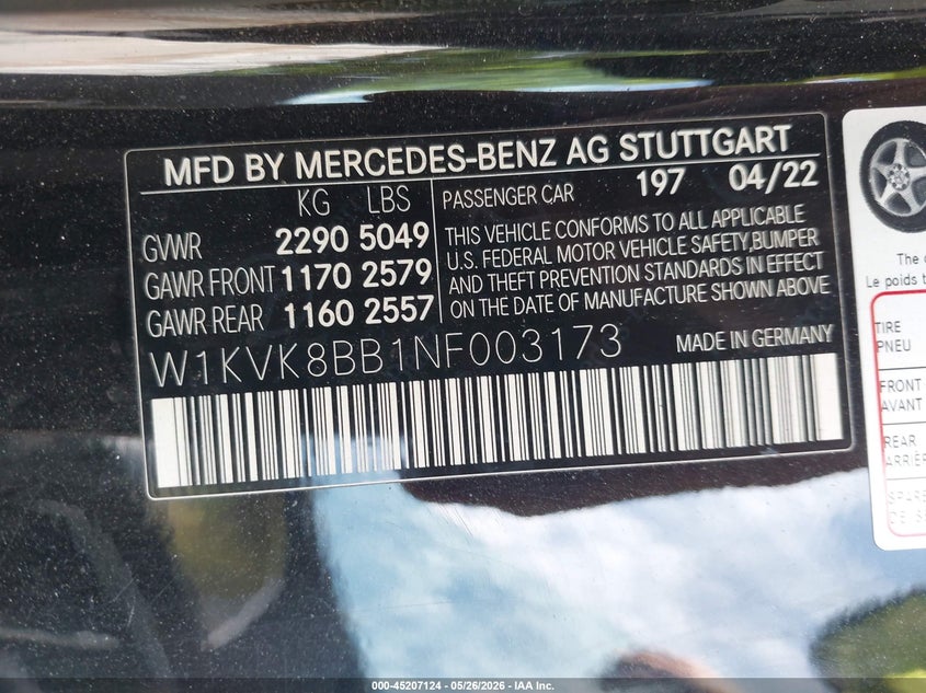 2022 Mercedes-benz VIN W1KVK8BB1NF003173 IAAI salvage auction — WATER/FLOOD, Mv-907A (New York), sold $37,250 on 2026-08-11 (photo 9)
