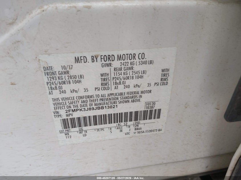 2018 Ford Edge VIN 2FMPK3J89JBB13021 IAAI salvage auction — HAIL, Clear (Oklahoma), sold $3,750 on 2026-07-22 (photo 9)