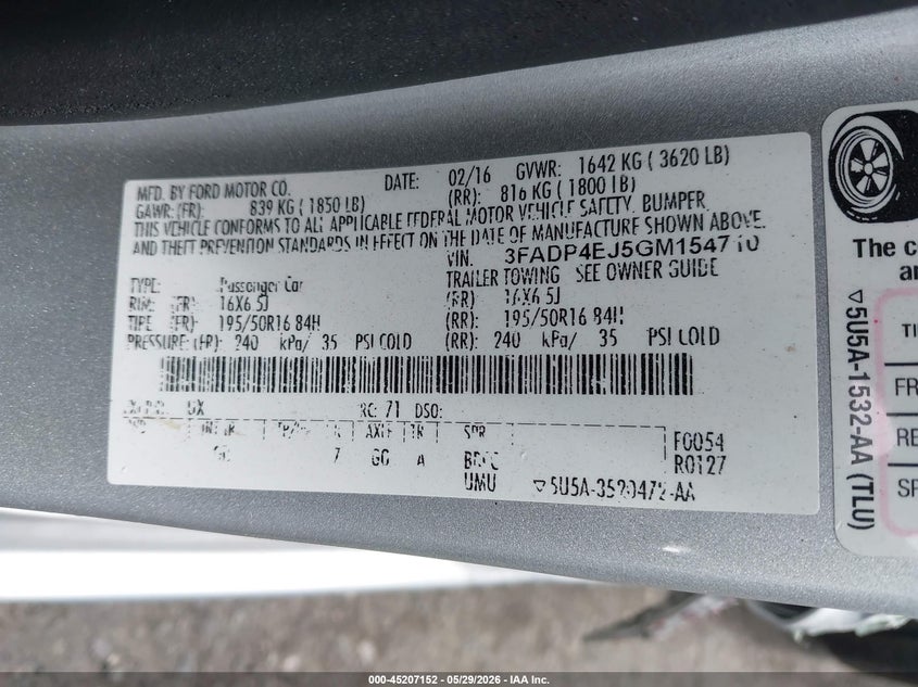 2016 Ford Fiesta VIN 3FADP4EJ5GM154710 IAAI salvage auction — LEFT SIDE, Salvage Title, sold $525 on 2026-07-31 (photo 9)