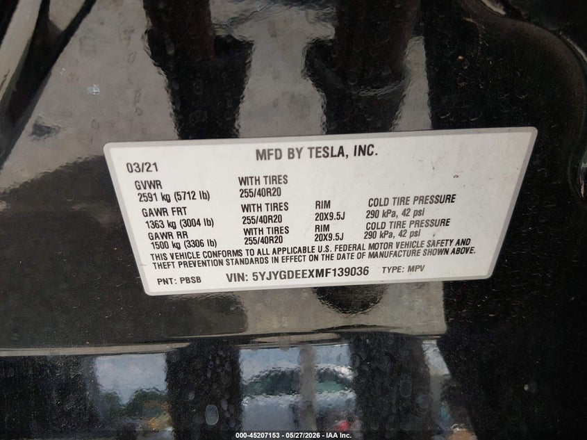 2021 Tesla Model y VIN 5YJYGDEEXMF139036 IAAI salvage auction — REAR END, Wait Title, sold $11,200 on 2026-09-13 (photo 9)