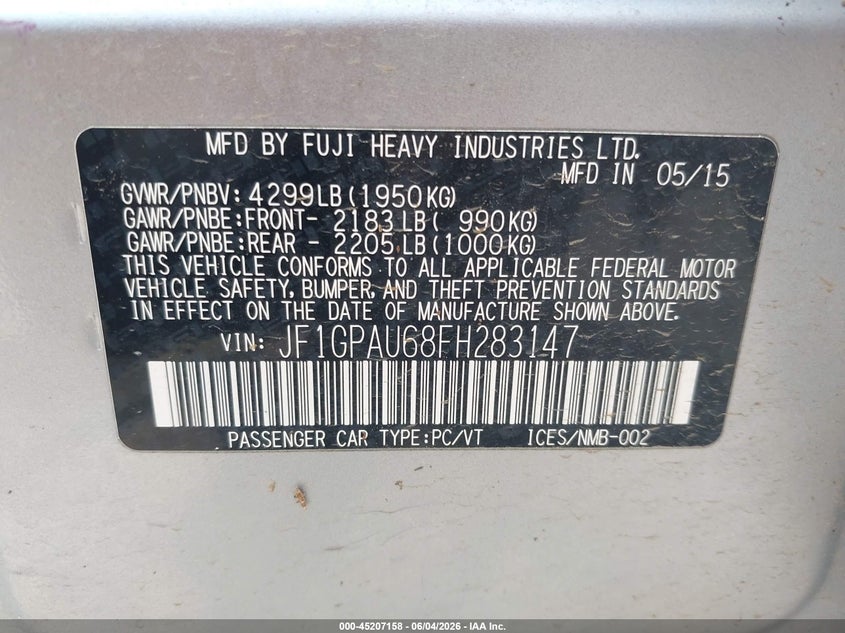 2015 Subaru Impreza VIN JF1GPAU68FH283147 IAAI salvage auction — HAIL, Salvage Title, sold $1,100 on 2026-07-11 (photo 9)