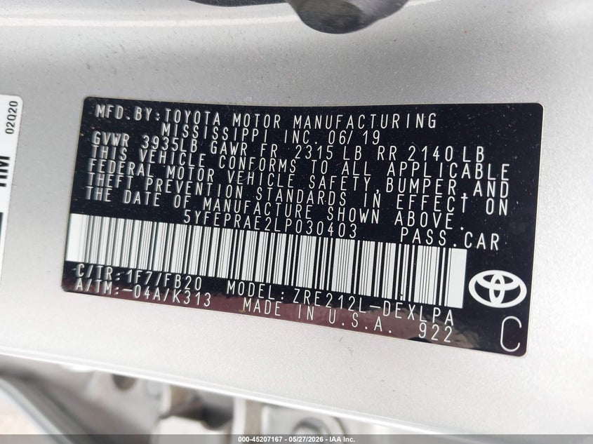 2020 Toyota Corolla VIN 5YFEPRAE2LP030403 IAAI salvage auction — RIGHT SIDE, Salvage Title, sold $7,100 on 2026-07-06 (photo 9)