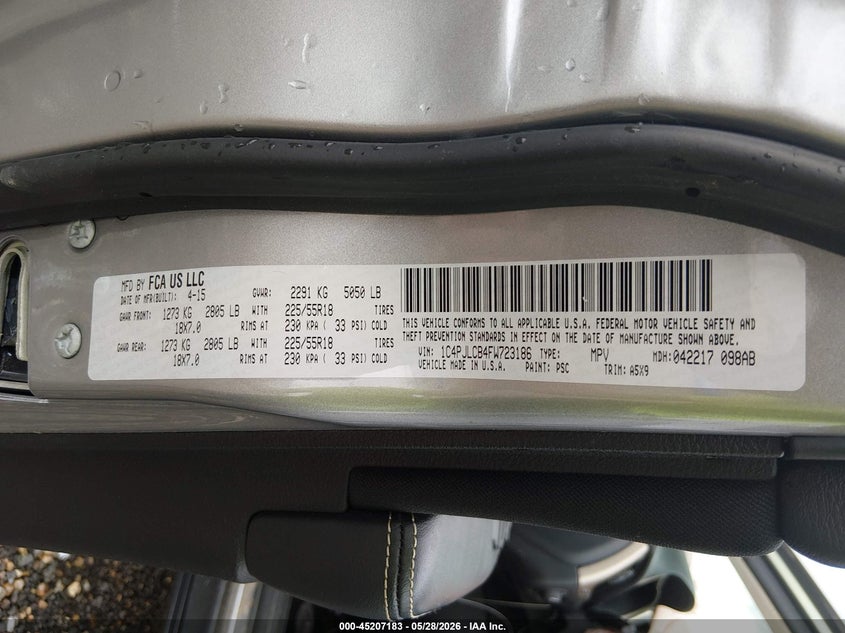 2015 Jeep Cherokee VIN 1C4PJLCB4FW723186 IAAI salvage auction — FRONT END, Salvage Title, sold $250 on 2026-07-22 (photo 9)