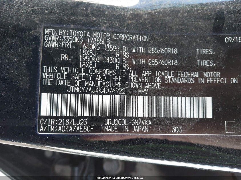 2019 Toyota Land cruiser VIN JTMCY7AJ4K4076922 IAAI salvage auction — FRONT END, Salvage Title, sold $20,900 on 2026-07-13 (photo 9)