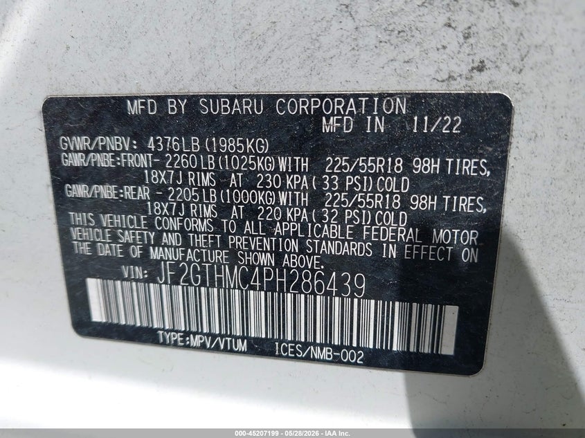 2023 Subaru Xv VIN JF2GTHMC4PH286439 IAAI salvage auction — FRONT END, Salvage Title, sold $5,450 on 2026-07-16 (photo 9)