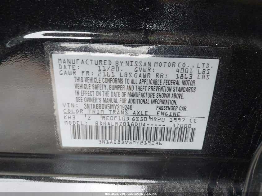 2021 Nissan Sentra VIN 3N1AB8DV5MY219246 IAAI salvage auction — LEFT REAR, Salvage Title, sold $4,000 on 2026-07-12 (photo 9)