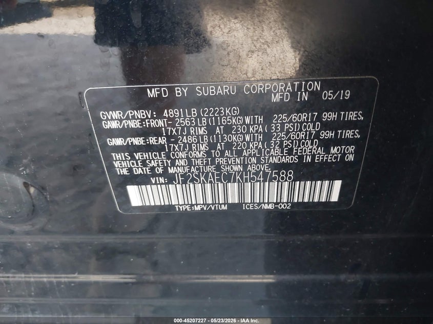 2019 Subaru Forester VIN JF2SKAEC7KH547588 IAAI salvage auction — ROLLOVER, Rebuildable (Florida), sold $1,325 on 2026-07-21 (photo 9)