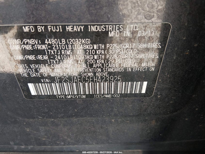 2014 Subaru Forester VIN JF2SJAEC5EH423925 IAAI salvage auction — UNKNOWN, Salvage Title, sold $550 on 2026-07-29 (photo 9)