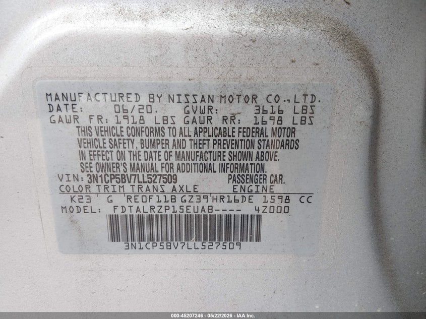 2020 Nissan Kicks VIN 3N1CP5BV7LL527509 IAAI salvage auction — NORMAL WEAR, Sf97 (Alabama), sold $9,200 on 2026-07-16 (photo 9)