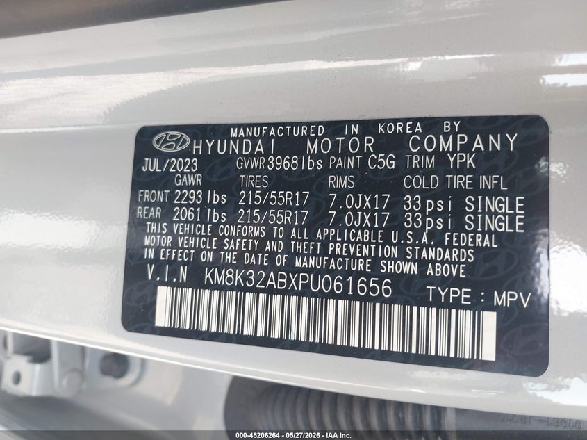 2023 Hyundai Kona VIN KM8K32ABXPU061656 IAAI salvage auction — ROLLOVER, Salvage Title, sold $3,825 on 2026-07-27 (photo 9)