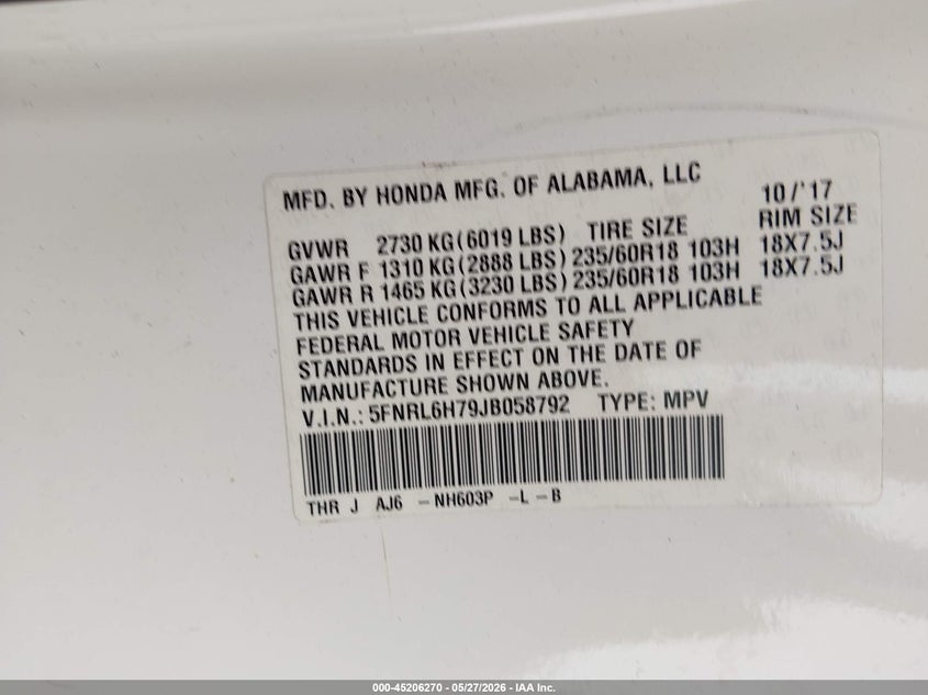2018 Honda Odyssey VIN 5FNRL6H79JB058792 IAAI salvage auction — REAR END, Salvage Title, sold $5,250 on 2026-07-27 (photo 9)