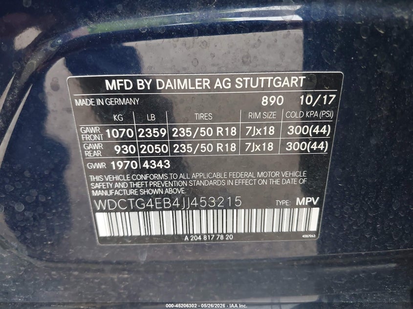 2018 Mercedes-benz Gla-klasse VIN WDCTG4EB4JJ453215 IAAI salvage auction — HAIL, Clear (Missouri), sold $4,900 on 2026-07-13 (photo 9)