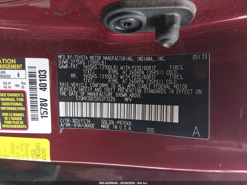 2013 Toyota Sienna VIN 5TDKK3DC5DS371229 IAAI salvage auction — LEFT FRONT, Salvage (Ohio), sold $2,350 on 2026-07-07 (photo 9)