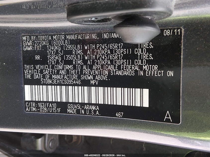 2012 Toyota Highlander VIN 5TDBK3EH1CS095446 IAAI salvage auction — STORM DAMAGE, Salvage Title, sold $2,950 on 2026-07-27 (photo 9)