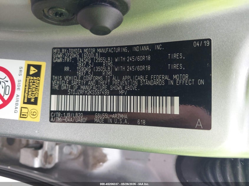 2019 Toyota Highlander VIN 5TDJZRFH2KS597499 IAAI salvage auction — HAIL, Clear (Missouri), sold $13,500 on 2026-07-13 (photo 9)