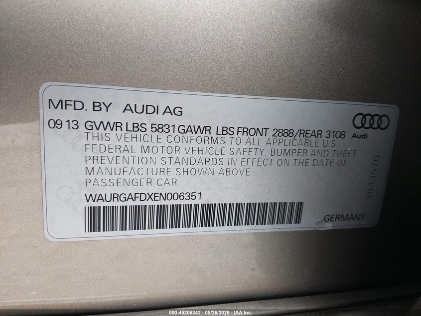 2014 Audi A8 VIN WAURGAFDXEN006351 IAAI salvage auction — ELECTRICAL, Salvage (Georgia), sold $3,600 on 2026-07-09 (photo 9)