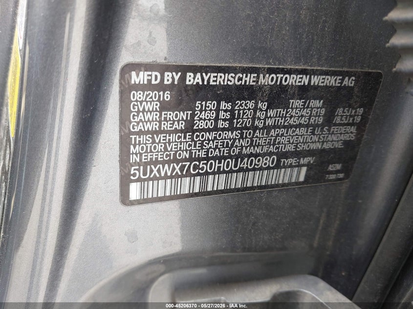2017 BMW X3 VIN 5UXWX7C50H0U40980 IAAI salvage auction — LEFT FRONT, Salvage (California), sold $3,150 on 2026-07-29 (photo 9)