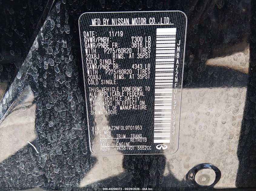 2020 Infiniti Qx80 VIN JN8AZ2NF0L9701953 IAAI salvage auction — FRONT END, Salvage Title, sold $6,700 on 2026-07-15 (photo 9)