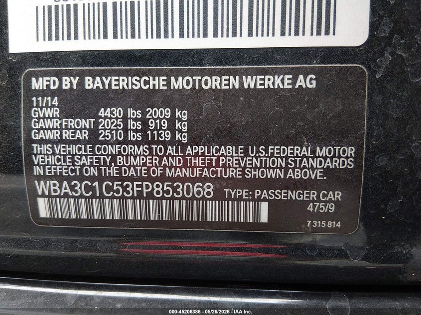 2015 BMW 3er VIN WBA3C1C53FP853068 IAAI salvage auction — NORMAL WEAR, Clear (Montana), sold $700 on 2026-07-24 (photo 9)