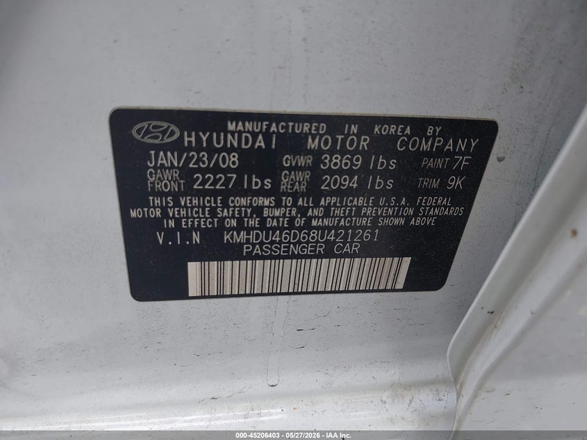 2008 Hyundai Elantra VIN KMHDU46D68U421261 IAAI salvage auction — FRONT END, Clear (Virginia), sold $275 on 2026-07-14 (photo 9)