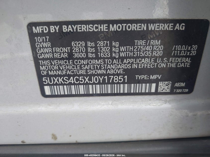 2018 BMW X5 VIN 5UXKS4C5XJ0Y17851 IAAI salvage auction — LEFT REAR, Salvage (California), sold $11,050 on 2026-07-06 (photo 9)