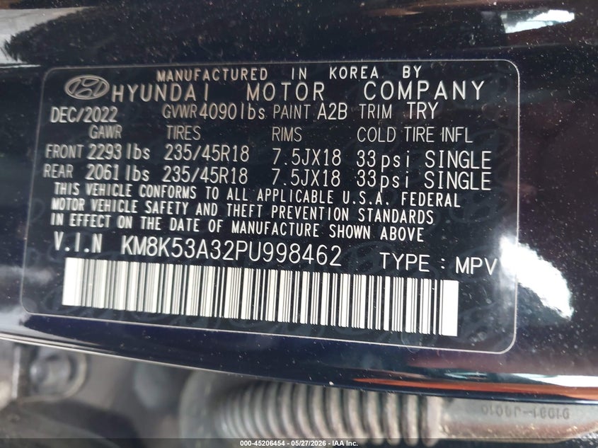 2023 Hyundai Kona VIN KM8K53A32PU998462 IAAI salvage auction — FRONT END, Salvage Title, sold $2,200 on 2026-07-09 (photo 9)