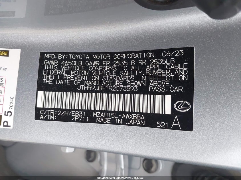 2024 Lexus Ux VIN JTHR9JBH1R2073593 IAAI salvage auction — FRONT END, Original (Texas), sold $575 on 2026-07-29 (photo 9)
