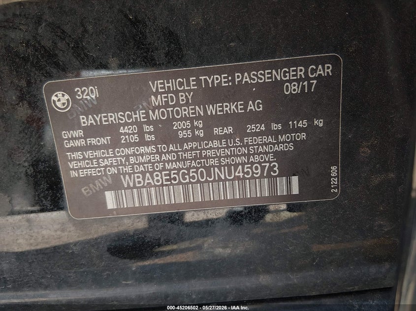 2018 BMW 3er VIN WBA8E5G50JNU45973 IAAI salvage auction — FRONT END, Salvage Title, sold $450 on 2026-09-08 (photo 9)