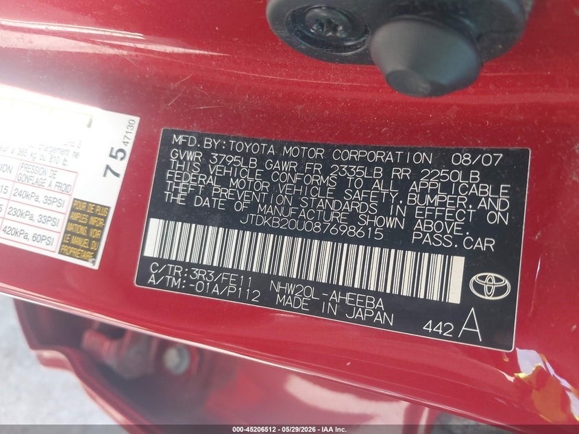 2008 Toyota Prius VIN JTDKB20U087698615 IAAI salvage auction — REAR END, Salvage (Illinois), sold $750 on 2026-07-16 (photo 9)