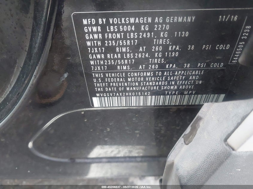 2017 Volkswagen Tiguan VIN WVGSV7AX2HK015142 IAAI salvage auction — FRONT & REAR, Salvage (Idaho), sold $1,450 on 2026-07-13 (photo 9)