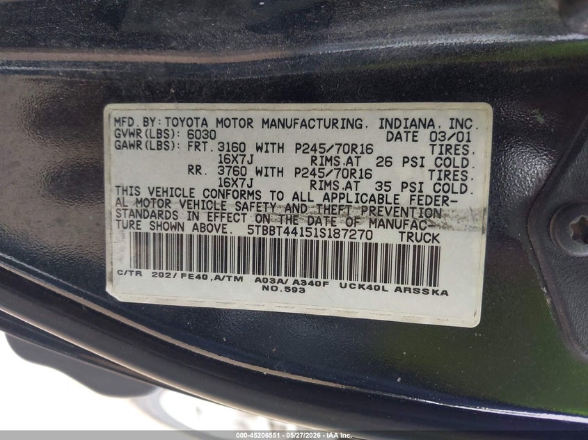 2001 Toyota Tundra VIN 5TBBT44151S187270 IAAI salvage auction — RIGHT REAR, Clear (Indiana), sold $975 on 2026-07-14 (photo 9)