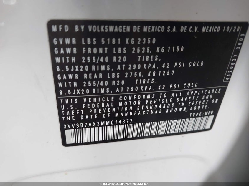 2021 Volkswagen Tiguan VIN 3VV3B7AX3MM014877 IAAI salvage auction — FRONT END, Original (Texas), sold $5,800 on 2026-07-10 (photo 9)