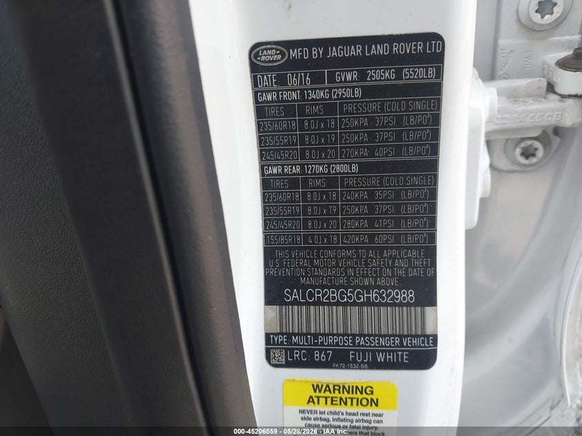 2016 Land rover Discovery sport VIN SALCR2BG5GH632988 IAAI salvage auction — REAR END, Salvage Title, sold $2,550 on 2026-07-29 (photo 9)
