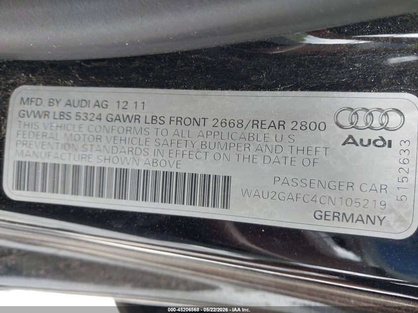 2012 Audi A7 VIN WAU2GAFC4CN105219 IAAI salvage auction — FRONT END, Clear (Florida), sold $25 on 2026-07-23 (photo 9)